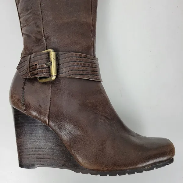 a.n.a. A New Approach Womens Boots 7 Brown Leather Knee High Wedges Heels Buckle - Image 3