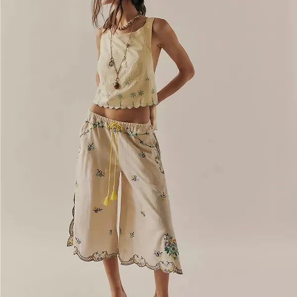 Free People Kayla Solid Embroidered Cropped Blouse Top - Double Butter - Image 5