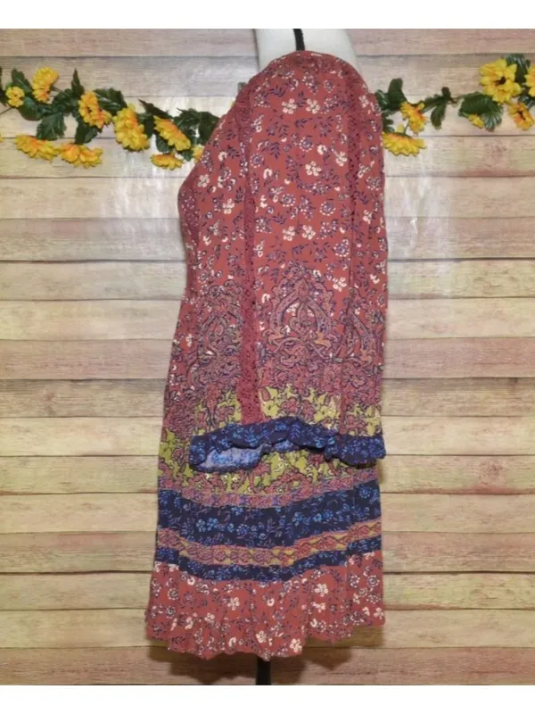 Angie Dress Womens Size L Floral Boho Puff Bell Sleeve Midi Smocked Lace - Image 6