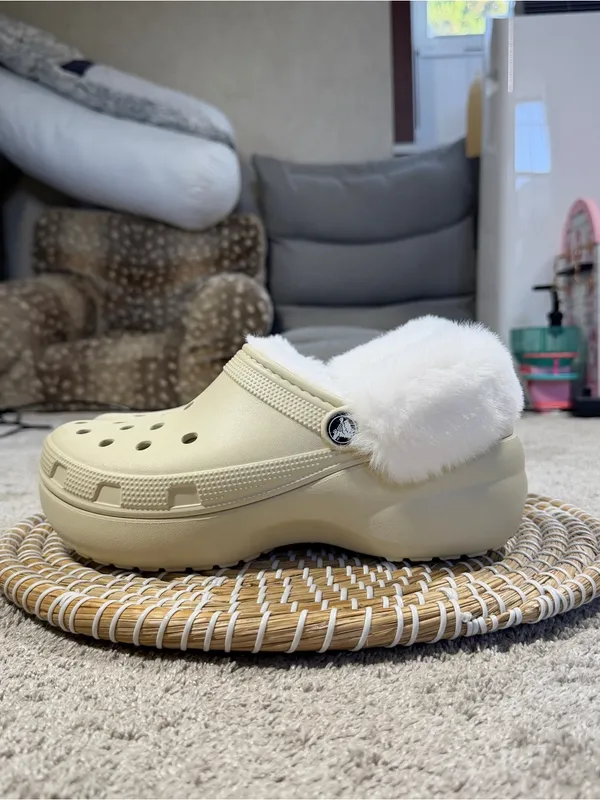 Crocs Women’s Classic Platform Fleece Lined Clogs in Bone Neutral 8 - Image 5