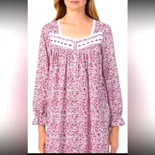 Eileen West Pink Embroidered Floral Nightgown S Cotton Long Sleeve Ruffle Lace - Image 4