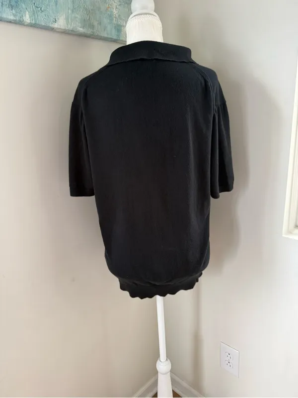 J. Crew Black Short Sleeve Button Down Polo Cinched Waist Sweater Medium - Image 2