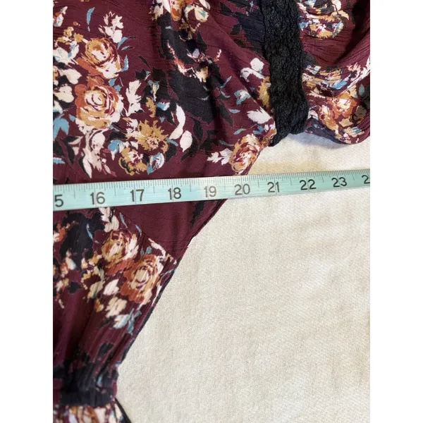 Nostalgia Floral Midi Dress‎ Size M 3/4 Crochet Sleeve Scoop Burgundy/Cream Boho - Image 6