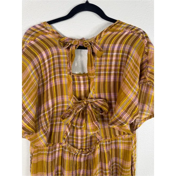Anthropologie Yellow Pink Plaid Mini Dress Womens L Babydoll Boho Tie Back - Image 13