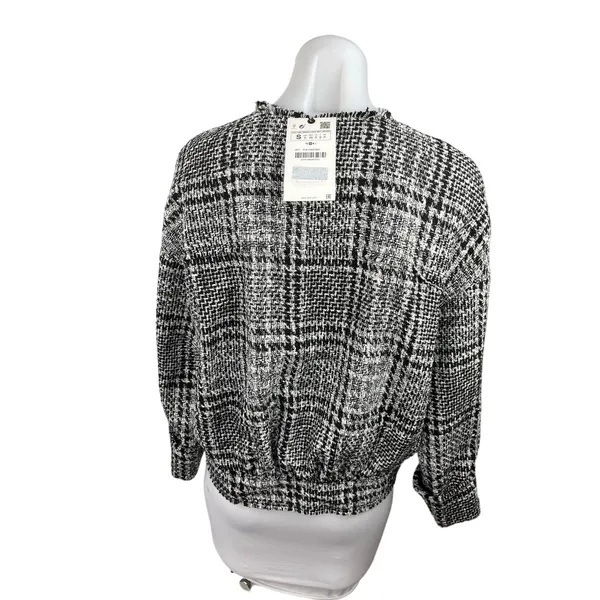 Zara Women's Black White Plaid Tweed Long Sleeve Crew Neck Coat Jacket Top S - Image 8