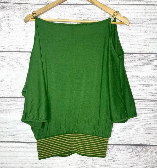 Vintage Y2K Green Butterfly Print Gold Chain Cold Shoulder Top Size Small - Image 8
