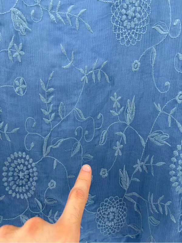 SUNDANCE Blue Embroidered Silk Short Sleeve Sheer Overlay Blouse Top Sz large - Image 9