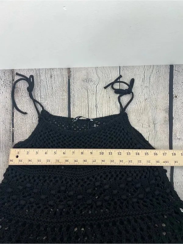 ZARA Black Crochet Knit Tie Strap Crop Tank Top Boho Festival Beach Cover-Up S - Image 12