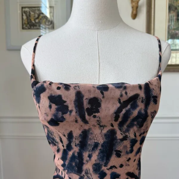 Pretty Little Thing Mesh Bodycon Ruched Mini Dress Dark Blue Beige Peach 4 - Image 3