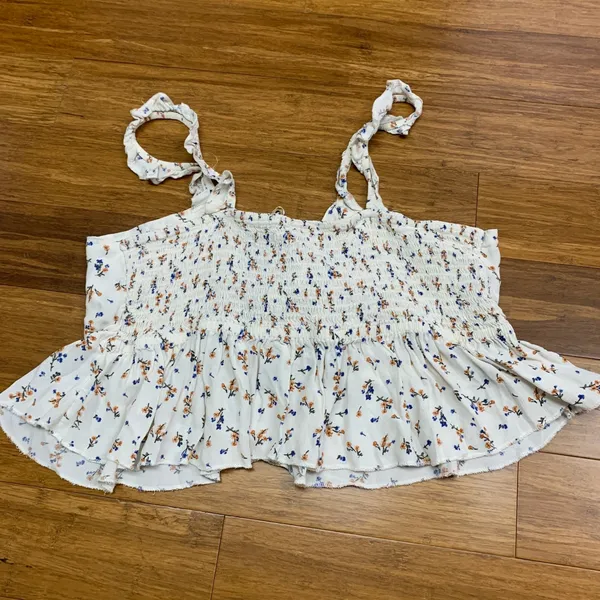 American Eagle Floral Ruffle Strap Cami Top‎ Womens XL Ivory Smocked Tie Front - Image 3