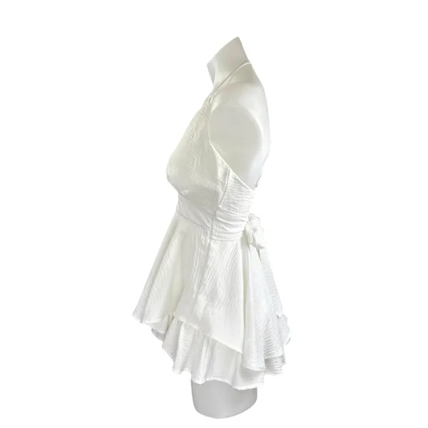Lovesong White Sleeveless V Neck Tiered A Line Flare Tie Romper Shorts Size S - Image 2