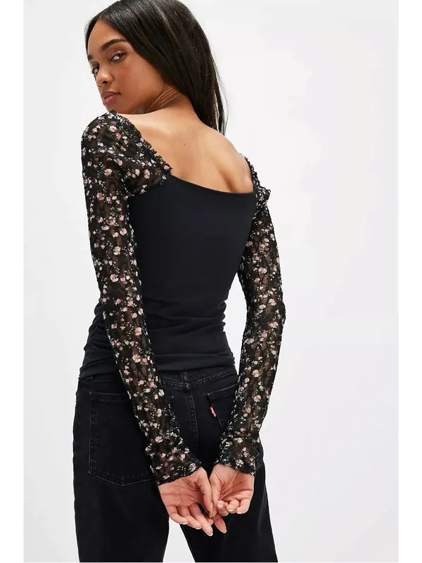 Free People Dainty Coquette Scoop Neck Josie Long Lace Sleeve Top Black Large - Image 13