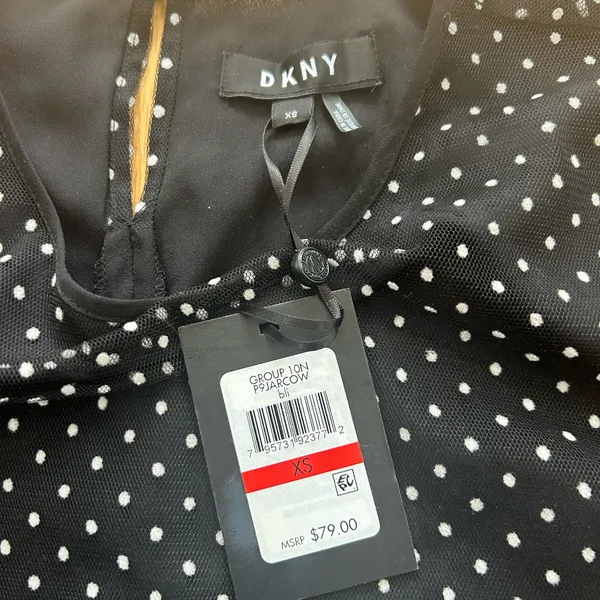 NWT DKNY XS Black Polka Dot Mesh Peplum Blouse Sheer 3/4 Ruffle‎ Sleeve Top - Image 6