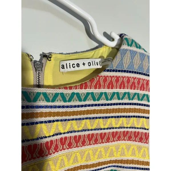 Alice + Olivia Coley Embroidered‎ Yellow Aztec Stripe Shift Dress Sz 6 - Image 3