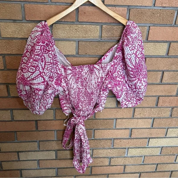 Maeve Anthropologie Tie-Back Printed Crop Top Floral Puff Sleeve Smocked Size L - Image 6