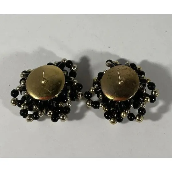 Black Gold Tone Lucite Bead Cluster Chunky Pierced Earrings‎ Vintage - Image 2