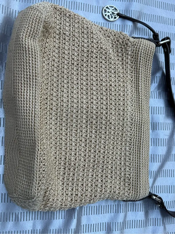 The Sak Crocheted Shoulder/ Hobo Bag, Tan/Khaki, Brown Leather Trim - Image 6