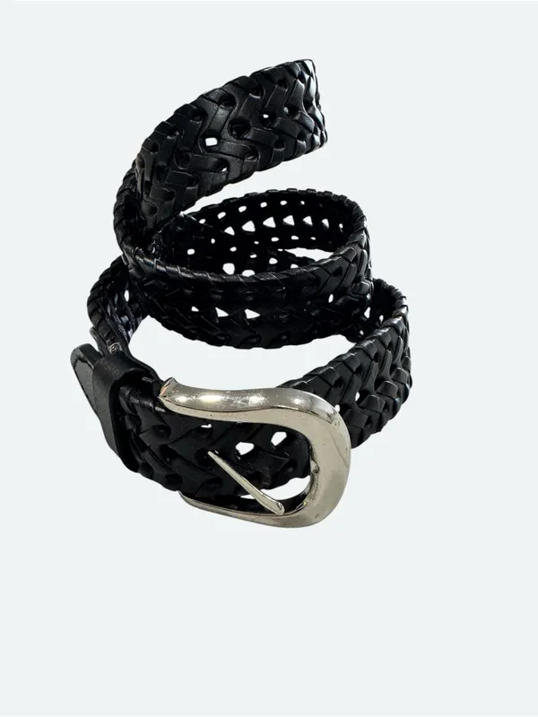 Vintage Black Genuine Leather Woven Braided Belt Silver Buckle Small Unisex - Image 4