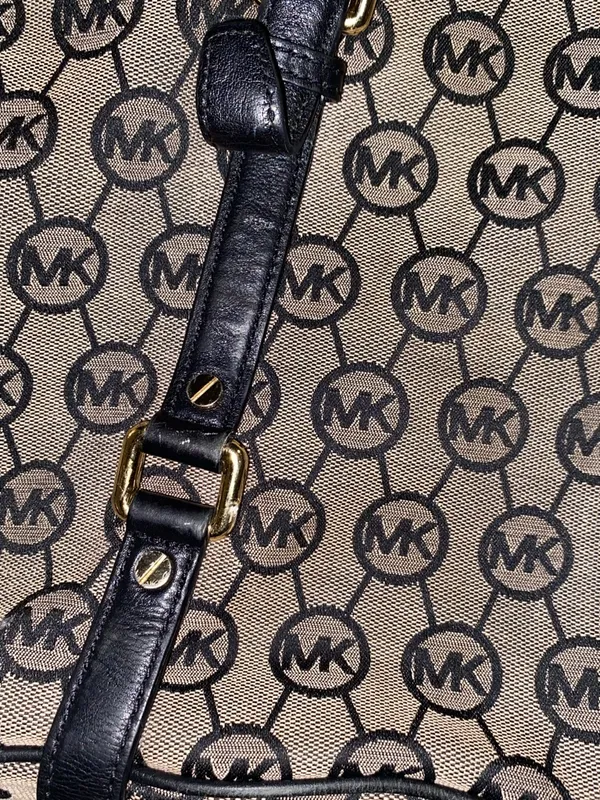 Michael Kors Black and Beige MK Monogram Satchel with Crossbody Strap - Image 6