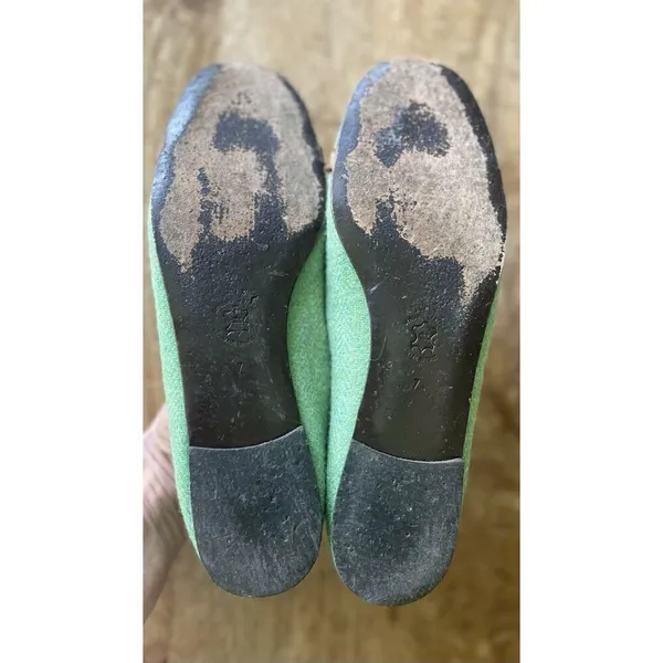 J.Crew Women’s Green Wool Ballet Flats Leather Lining and Chain Detail, Sz 7 - Image 7