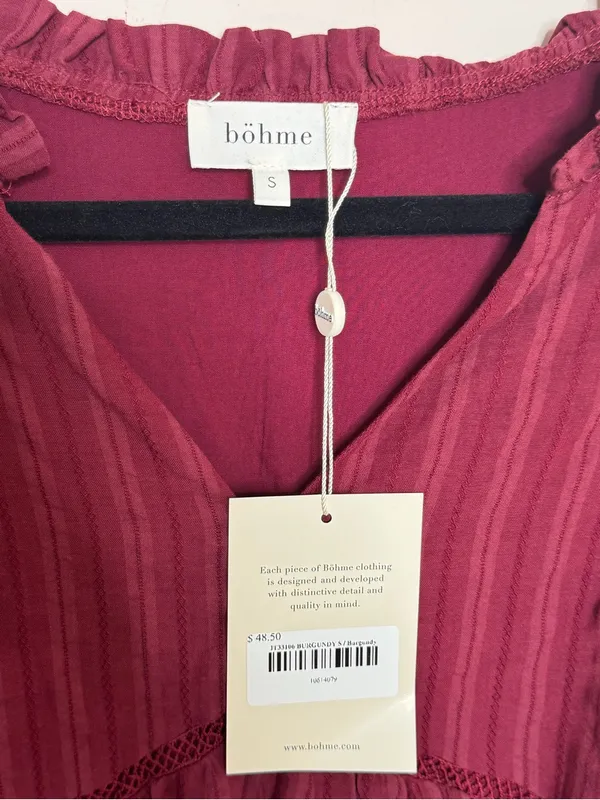 bohme Wine Red Crochet Sleeve Peasant Top New - Image 2
