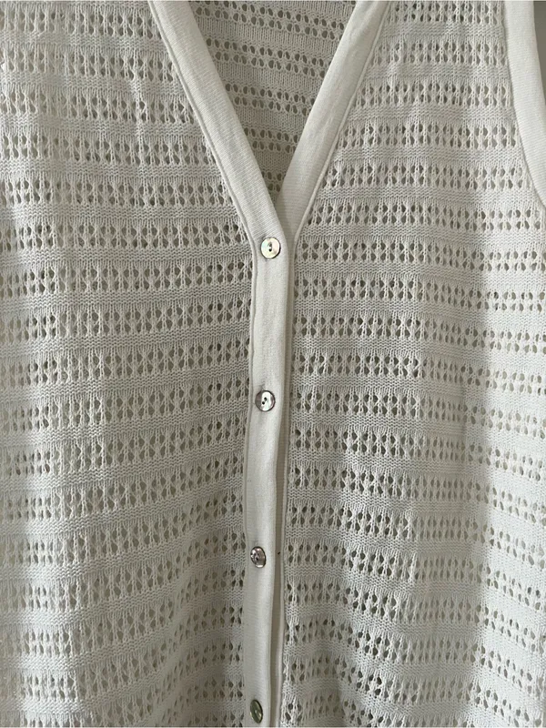 White Open Knit Crochet Button Front Sleeveless Midi Dress Large Coastal Resort - Image 6