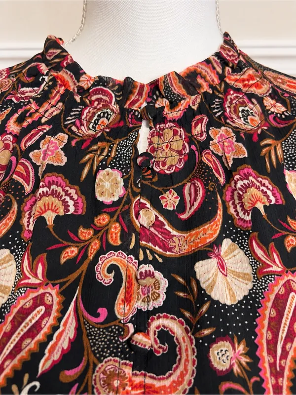 LOFT Paisley Ruffle Neck Long Sleeve Blouse Black Pink Boho Women’s Small - Image 3