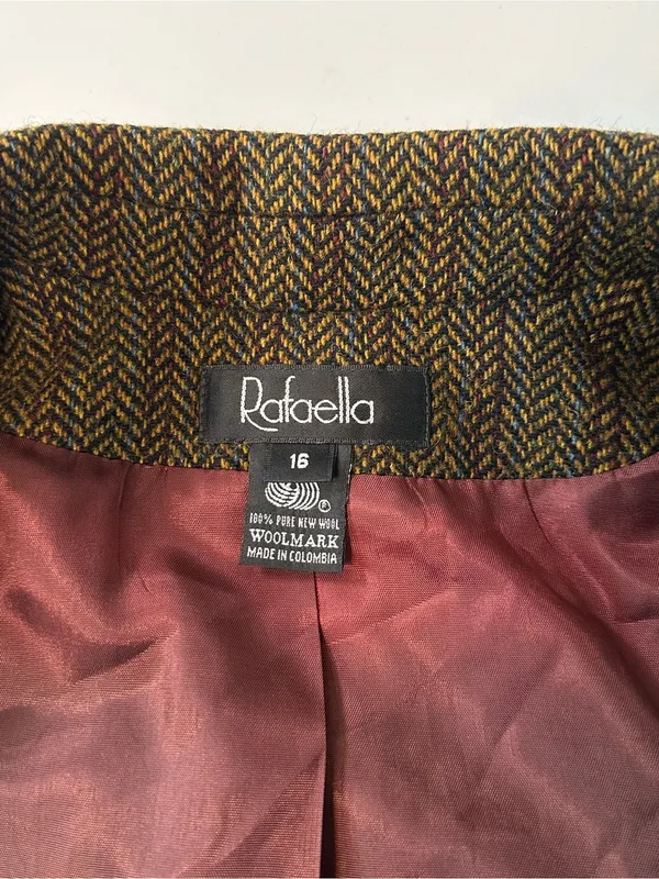 Vintage 2000s Rafaella Women’s Brown Herringbone Tweed Wool Blazer Size 16 - Image 8