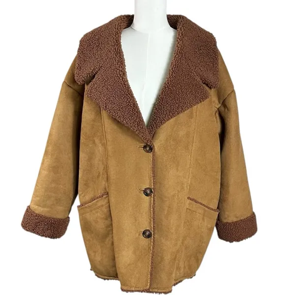 Free People Western Bohemian Retro 70s Faux Sherpa Suede Diogo Coat Size Medium - Image 5
