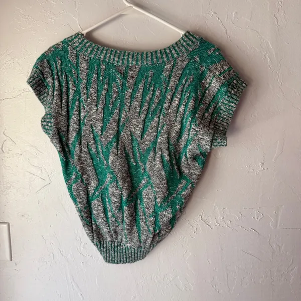 Vintage 80s‎ Glamour Knit Sweater Vest Green Gray Abstract Made in USA M - Image 4