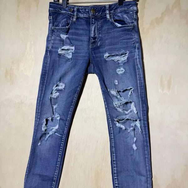 American Eagle Womens Size 8 Jegging Crop Super Stretch Distressed Jeans Blue - Image 2