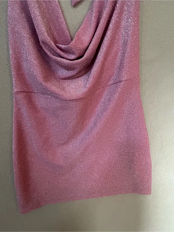 Y2K Sparkle Halter Mini Dress in Pink. Bodycon clubwear. Size Small. - Image 4