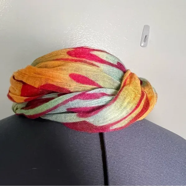 Rue 21 Women's Scarf Orange Yellow Magenta Pink Teal Fringe Hem Flower Rain - Image 7