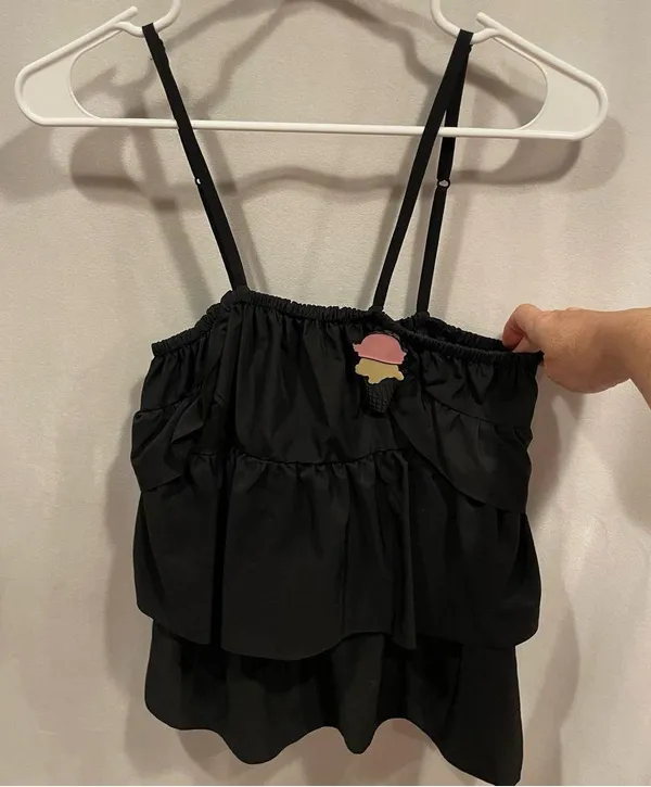 Fun NWT Fiorucci black tiered ruffle ice cream pin adjustable strap top - Image 13