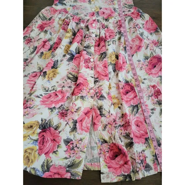 Vintage STARINA Floral Cottage Core Dress SZ M Pink Rose Button Front & Pockets - Image 15