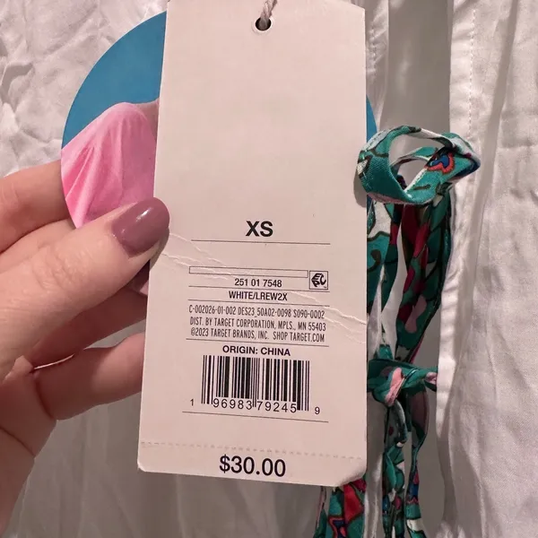 Rhode for Target NWT White Floral Tie Up Puff‎ Sleeve Cover Up Dress XS Beach - Image 6