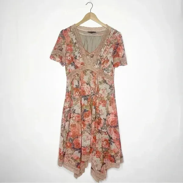 Ranna Gill Dress Floral V-Neck Embroidered Flowy Brown Rose Boutique Size 8 - Image 8