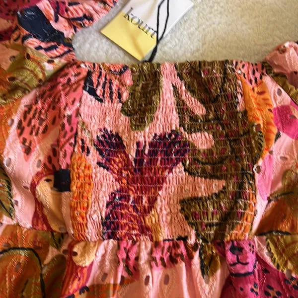 Kourt Tropical Leaf Puff‎ Sleeve Mini Dress Pink Orange Multicolor Size S NWT - Image 10