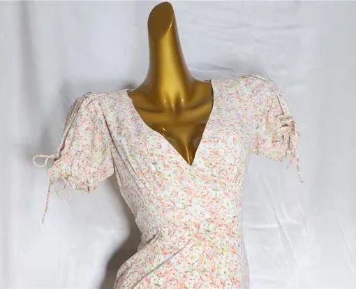 Kiss the Sky Pink/Green Puff Sleeve V-neck Mini Dress w/ Slit - Image 3