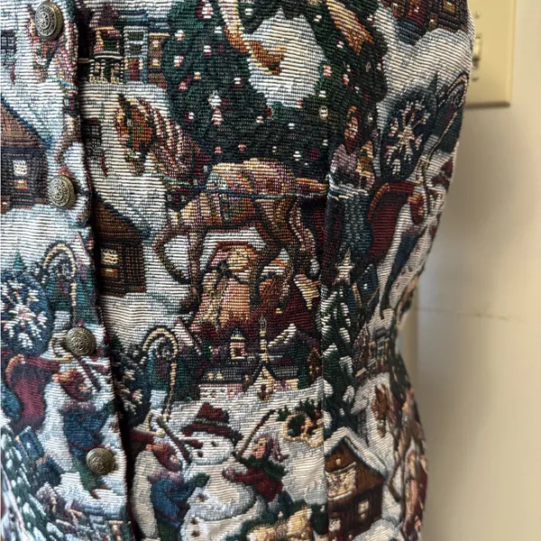Vintage Christmas Tapestry Vest Winter Scene‎ XL 90s - Image 7