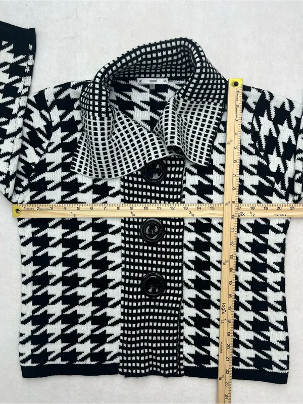 SIONI Black White Houndstooth Knit Wool Blend Cardigan Sweater Jacket Medium - Image 9