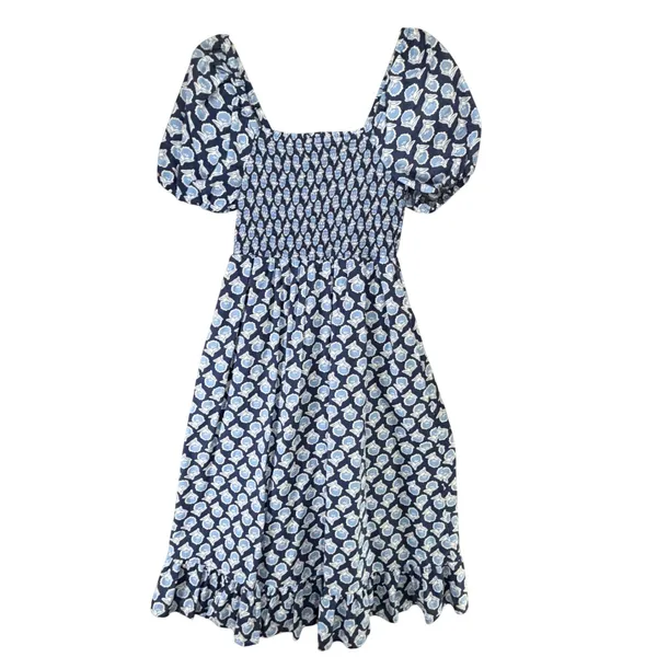 J Crew Smocked Midi Dress Women S Blue White Floral Puff Sleeves Cottage Boho - Image 5
