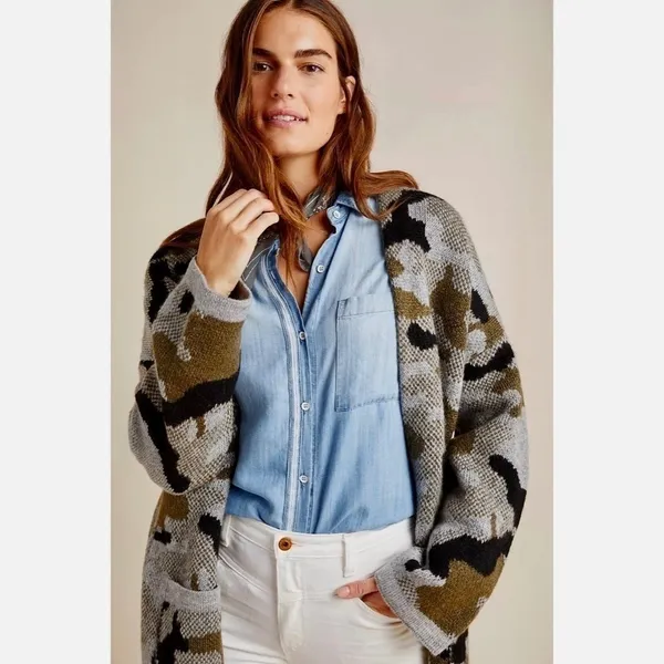 ANTHROPOLOGIE Vero Camo Cardigan Sweater Camouflage Pockets‎ Gorpcore X-Small - Image 4