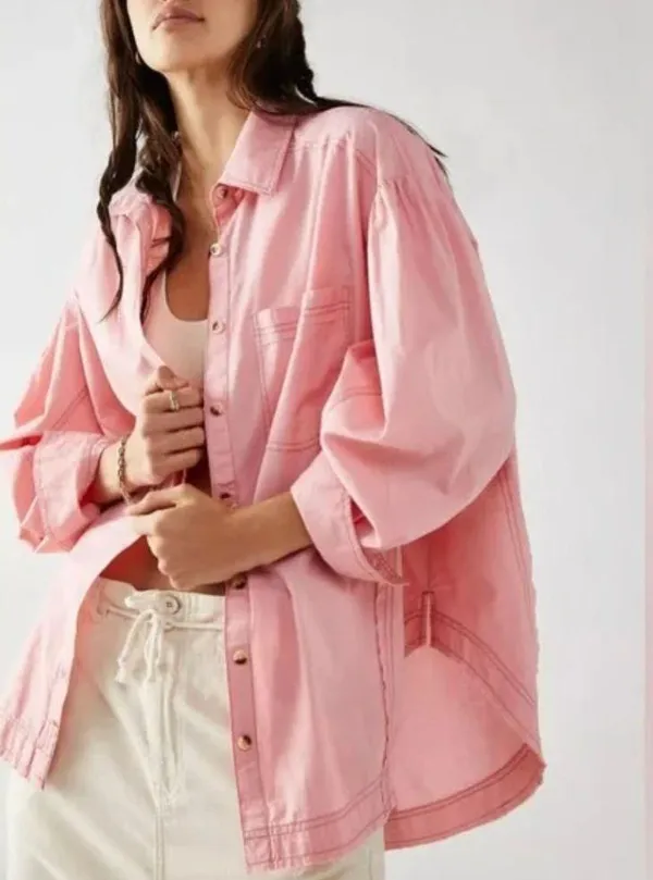 NWOT FREE PEOPLE Freya Poplin Tunic Button Down Blouse Pink - Image 2