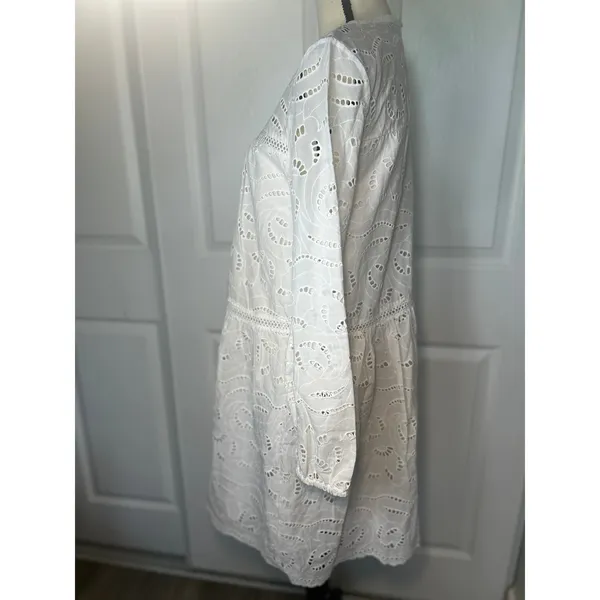 LOFT White Eyelet Cotton Boho Dress Size M Long Sleeve‎ Lined Tiered Fit & Flare - Image 2
