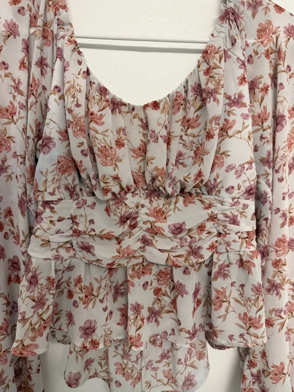 Floral Ruched Peplum Blouse - Dusty Rose on Ivory - Image 2