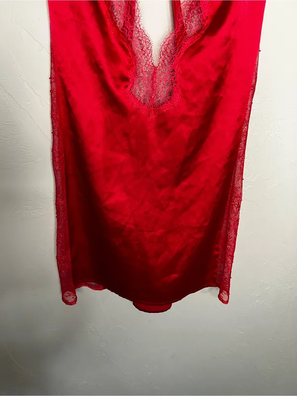 Victoria's Secret Red Satin Lace Chemise Slip Dress & Robe 2 Piece‎ Lingerie Set - Image 6