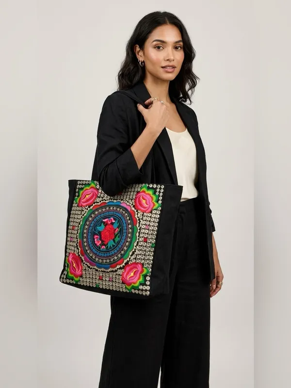 Guatemalan Embroidered Boho Floral Tote Bag Black Canvas Coin Trim - Image 2