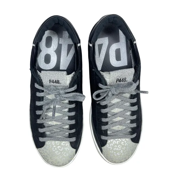 P448 John W sneakers 37 US 7 black silver metallic leopard print lace-up low top - Image 2