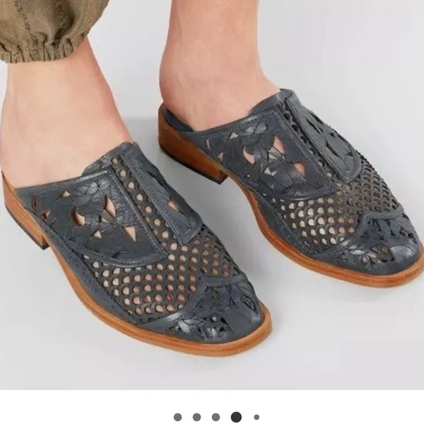 Free People Black Leather Laser-Cut Mule with Natural Wood Sole - Image 8